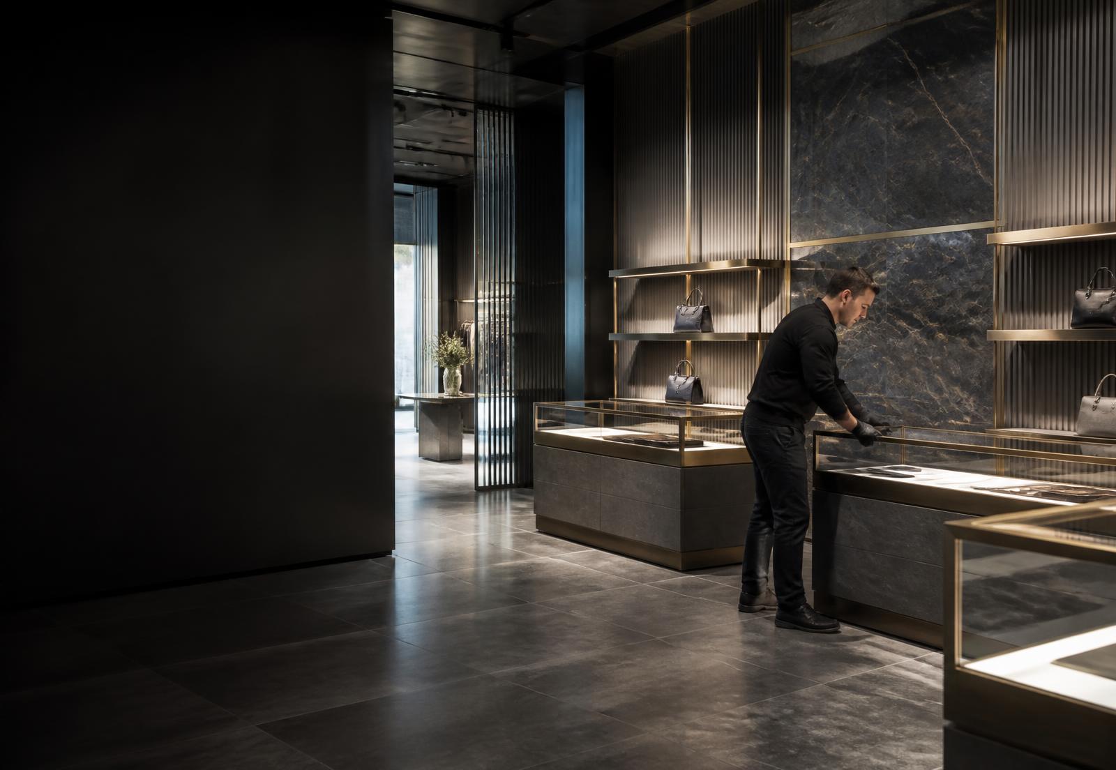 Professional installing a luxury retail display fixture